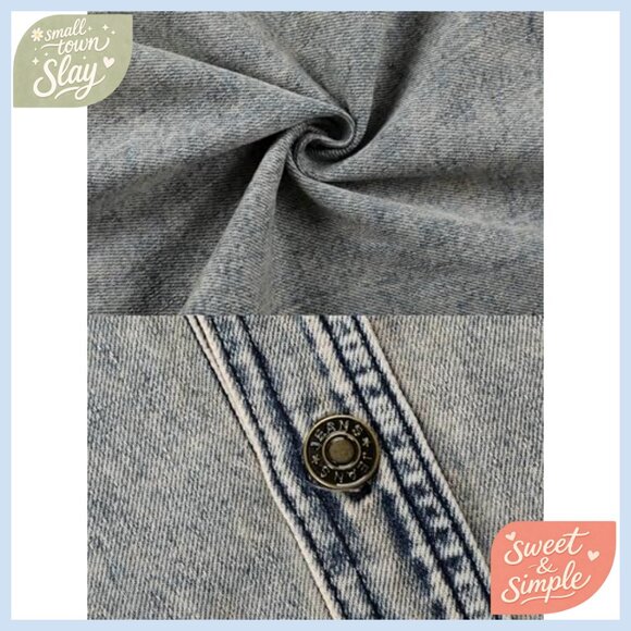 Denim Babydoll Dress with Balloon Sleeves Button Front A-Line Mini - Picture 5 of 6